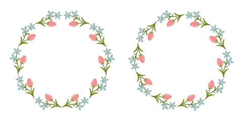 Floral Wreath Frame with Pink Tulip Buds and Blue Flowers. Elegant Botanical Circle Design for Invitations and Cards. For Wedding Invitations, Greeting Cards, Easter and Women's Day Designs