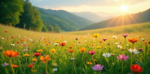 Fototapeta premium Soft morning light highlights the colors of a meadow with wildflowers, landscape, morning
