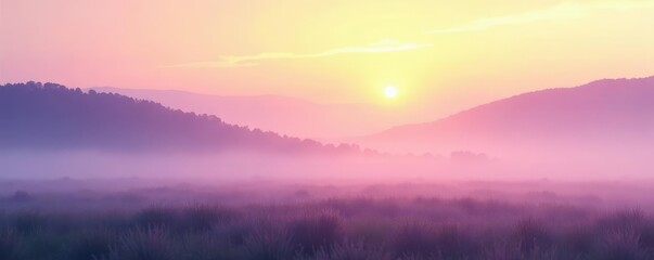 Obraz premium Soft morning mist rises over a serene landscape with a light yellow and violet gradient background defocused for a dreamy effect, foggy, serene