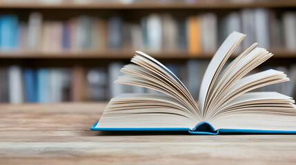 Naklejka premium Open book on wooden desk, library background, knowledge, education