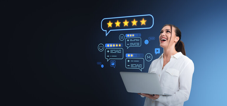 Woman using laptop with digital customer review icons and five-s