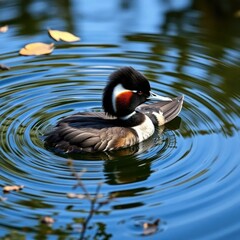 A hooded merganser swims near water's surface with ripples forming on the pond's surface, leaves, freshwater