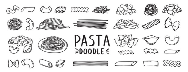 Pasta, spaghetti, vermicelli, macaroni feathers, horns, shells, butterflies doodle hand drawn icon set. Outline drawing wheat dough food line clipart symbol collection