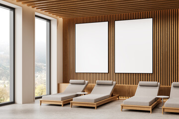Modern interior with blank posters on wooden slat wall. 3D Rendering