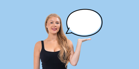Happy woman holding an empty speech bubble mockup.