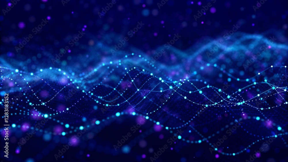 Poster Abstract technology background. Science, futuristic background. Big data visualization. 3D rendering. Data technology background. Abstract background. Wave with connecting dots on a dark background. 