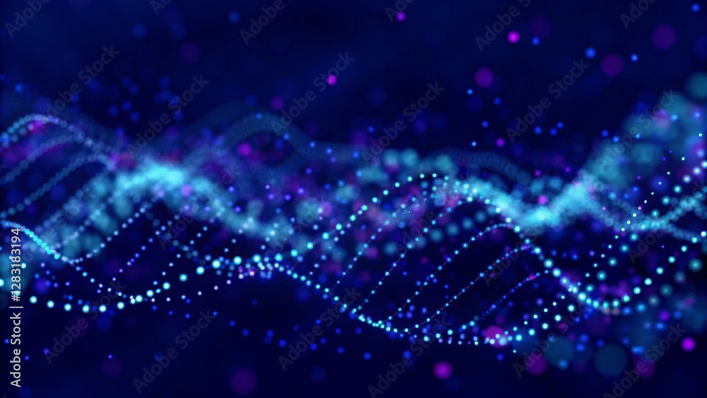 Poster Abstract technology background. Science, futuristic background. Big data visualization. 3D rendering. Data technology background. Abstract background. Wave with connecting dots on a dark background. 