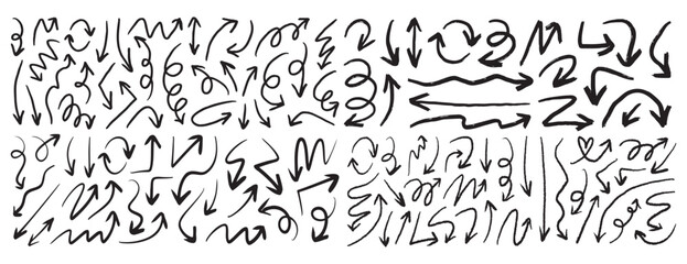 Doodle charcoal arrows set. Hand drawn line freehand curved lines, swirls drawing arrows. black chalk arrow smears.
