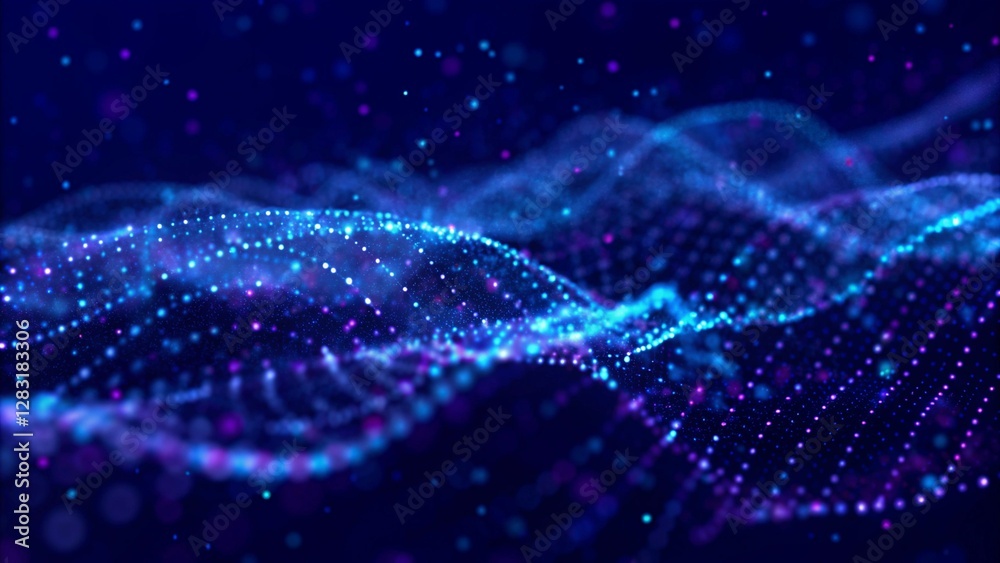 Poster Abstract technology background. Science, futuristic background. Big data visualization. 3D rendering. Data technology background. Abstract background. Wave with connecting dots on a dark background. 