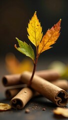 Twisted twig with Ceylon leaves and cinnamon sticks, autumn, herb