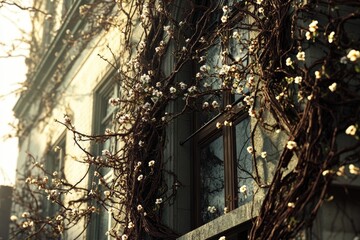A wreath of white flowers adorns the exterior of a building