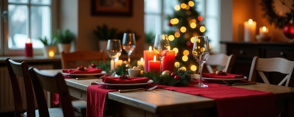 Una stanza con un tavolo di natale coperto da tovagliole e decorazioni, tovagliola, decorazioni festive