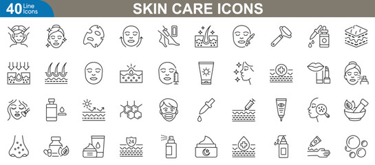 Skincare icons set. Vector illustrations covering facial Care, beauty treatments, cosmetic products, skin hydration, anti-aging solutions, sun protection, serums, masks and more.
