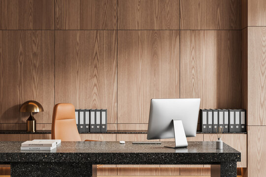 Modern office interior with wooden wall panels and sleek workspace. 3D Rendering