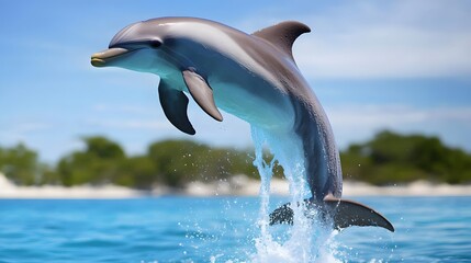 Obraz premium Dolphin leaping gracefully above the clear blue ocean water, surrounded by lush greenery and a bright sky