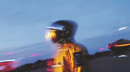 Obraz premium Futuristic astronaut in motion against cosmic landscape.