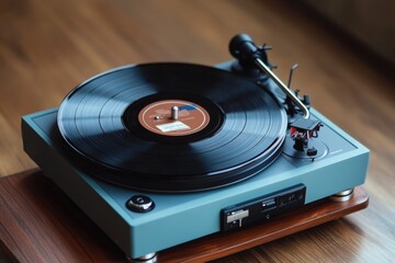 A vinyl record player sitting on a wooden table, ready for use