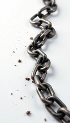 Fototapeta premium Broken metal chain scattered on a white surface, isolated, white background