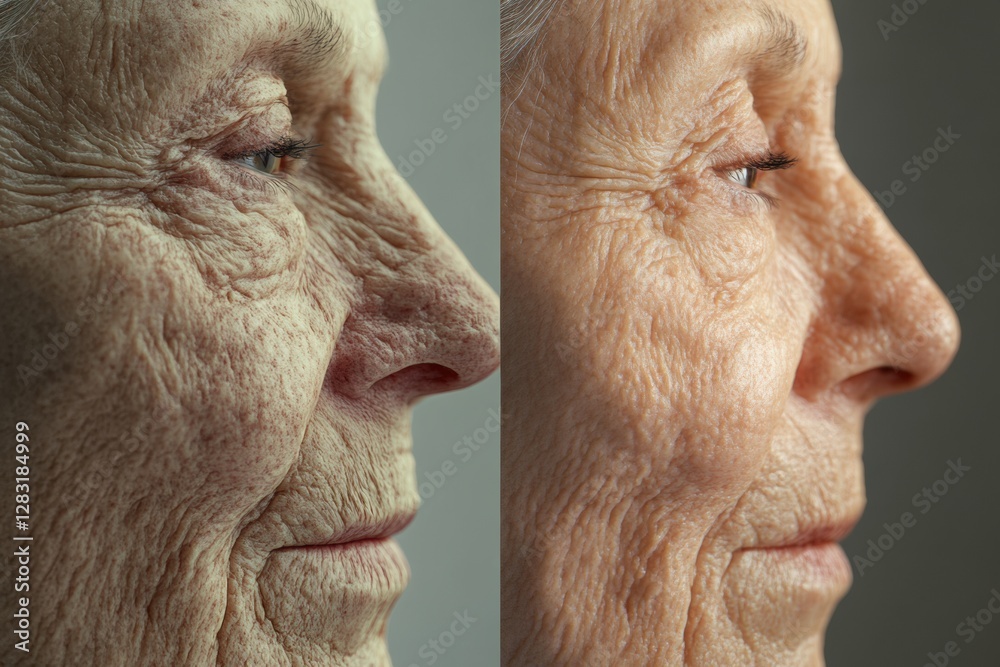 Poster transformation of an aged face showing the difference between wrinkles and youthful skin clarity. ge