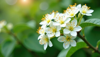Obraz premium Delicate white flowers with yellow pollen on a bush, flowering shrub, spiraea cinerea, blooming tree