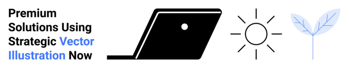 Open laptop alongside sun rays and sprouting plant representing eco-friendly technology, innovation, and growth. Ideal for sustainability, technology trends, business, productivity, renewable energy