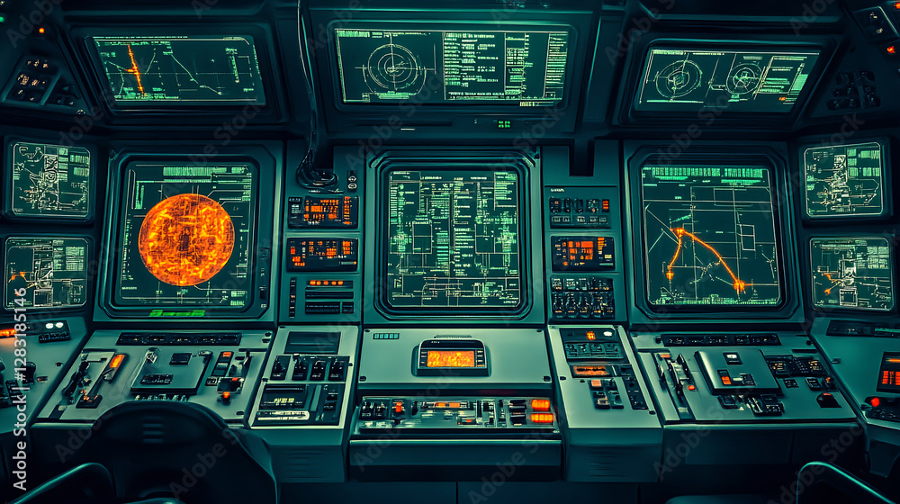 Poster navigating complex data displays control room digital interface high-tech environment overhead view 