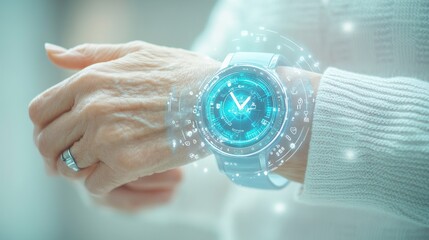 An old woman is holding a smartwatch that displays digital time, with a holographic clock interface floating above her wrist in a future environment. The concept of remote health monitoring.