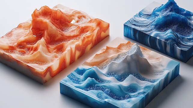 Three different shapes of resin mountains: orange mountains and seas, blue mountaintops with snow and oceans, and light gray hills.