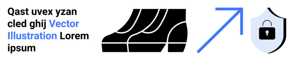 Blue upward arrow next to shield with lock symbol and stylized design elements. Ideal for security, growth, progress, technology, protection, data privacy, innovation. Perfect for flat landing page