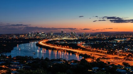 Fototapeta premium Brisbane City Skyline Night Lights River Highway