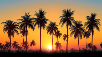 Obraz premium Breathtaking tropical sunrise or sunset with palm trees silhouetted against a glowing horizon