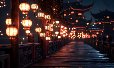 Serene Evening Lanterns Light Up a Traditional Asian Walkway