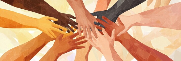 Interconnected hands symbolize unity and support among diverse cultures and communities in a vibrant display of togetherness. Generative AI
