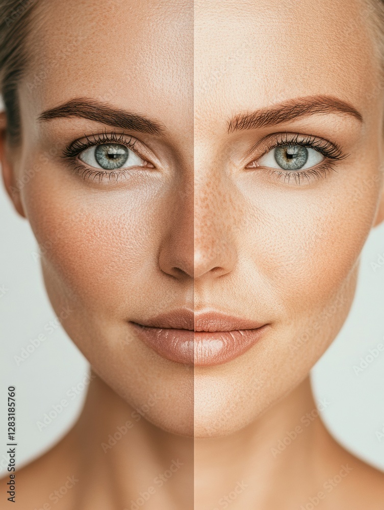 Poster comparison of aging and youthful skin on a womans face captured in a creative split screen view. gen