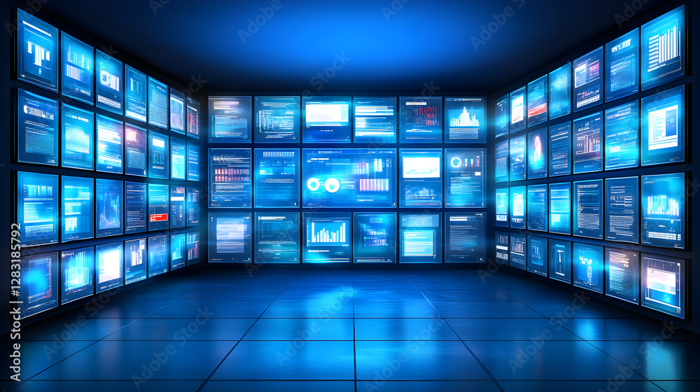 Poster data visualization display modern business space digital screens high-tech environment wide-angle vi