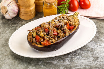 Baked eggplant stuffed meat and tomato