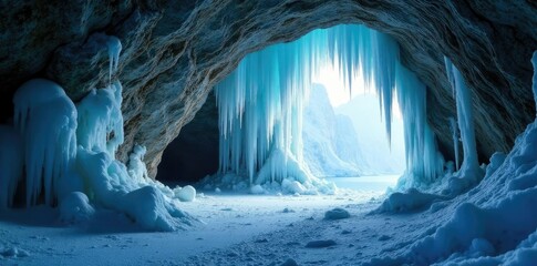 Frozen stalactites hanging from the cave ceiling, rock, frozen landscape, cave