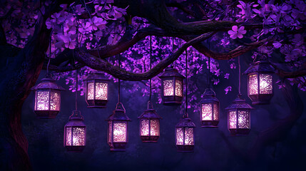 Enchanted Lanterns Hanging from a Blossoming Tree at Night