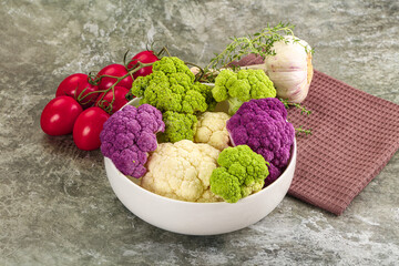Raw cauliflower different colors heap