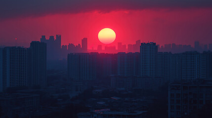 Fototapeta premium Stunning sunset in Chengdu with warm hues reflecting on the buildings and streets below