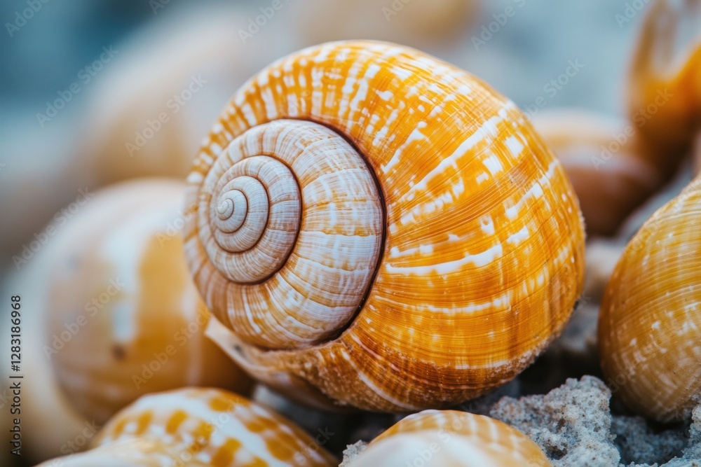 Leinwandbilder spiral shells resting on sandy shore at morning light capturing intricate patterns and textures of n