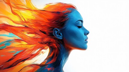 Vibrant digital painting of a woman's profile with swirling colors, ideal for mental health awareness campaigns, art therapy promotions, or wellness events.
