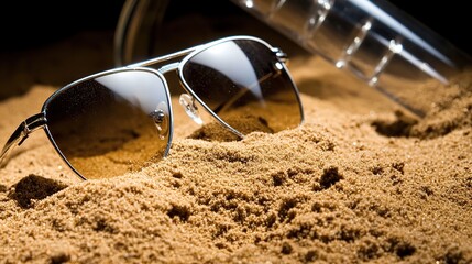Aviator sunglasses on beach sand, snorkel nearby, summer vacation