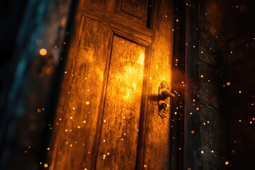 A wooden door with a light shining through it, great for interior or exterior use