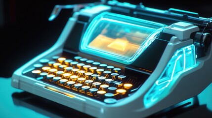A close-up of a vintage typewriter on a wooden table, ready for writing