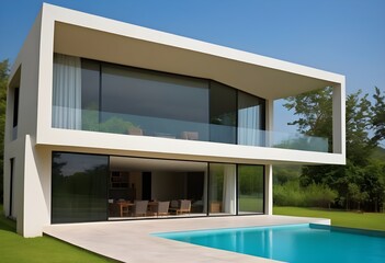 Fototapeta premium A Stunning Ultra-Modern Luxury Villa with a Spacious Outdoor Living Area, Floor-to-Ceiling Glass Walls, a Beautiful Infinity Swimming Pool, Lush Greenery, and an Open-Concept Design That Seamlessly Bl