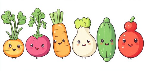 Pixel Art Cute Vegetables Happy Carrot, Beet, Fennel, Zucchini and Tomato