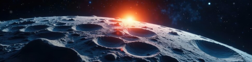 Fototapeta premium A bright light shines on a cratered moon surface, focus, illumination
