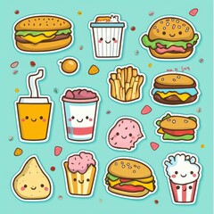 Pixelated Fast Food Icons Featuring Burgers Fries and Drinks on a Light Blue Background