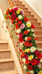 Fototapeta premium A garland of fresh flowers on a staircase railing, festive, decoration, seasonal